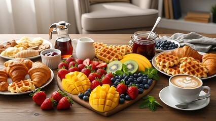 Delicious breakfast spread with fresh fruits and pastries on wooden table