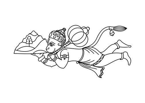 Hanuman flying and carrying Dronagiri mountain with Sanjeevani herbs. Hindu god mythology black and white line art, contour drawing. Isolated coloring page for kids, activity book.