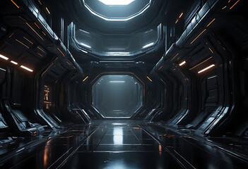 Dark metallic corridor with octagonal doorway and ceiling light