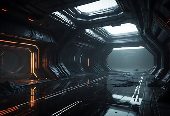 Futuristic dark metallic corridor with octagonal windows and reflective floor