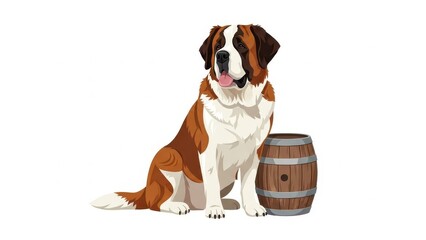 Illustration of a Saint Bernard dog sitting by a barrel.