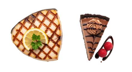 Grilled Fish Steak With Lemon and Chocolate Cake Slice On Transparent Background