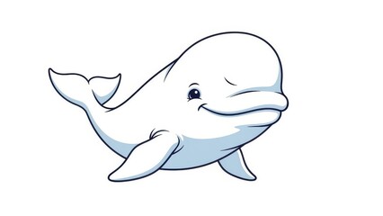 Smiling cartoon whale swimming in marine blue tones.
