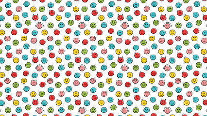 Vibrant colorful smiley faces pattern on white background