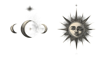 Sun and moon phases illustration, celestial bodies with a human face on white background, astronomy depiction, astrology concept, with brown