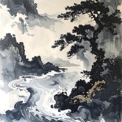 Traditional Chinese Ink Painting Landscape Scene.