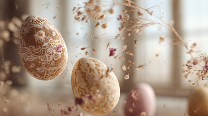 Decorative Easter eggs with lace and dried flowers spinning and falling slowly, creamy daylight background, rustic spring aesthetic