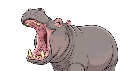 Illustration of a yawning hippopotamus on a white background.