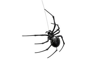 Detailed illustration of a black widow spider on silk thread