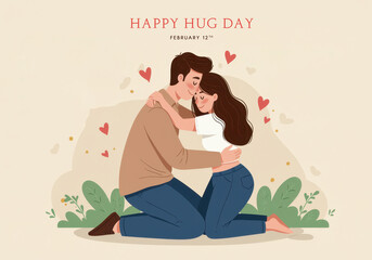 Couple in a loving embrace on Hug Day with heart motifs february 12