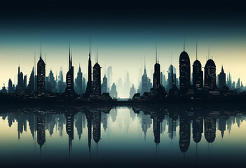 Futuristic city skyline silhouette at dusk with reflection on water