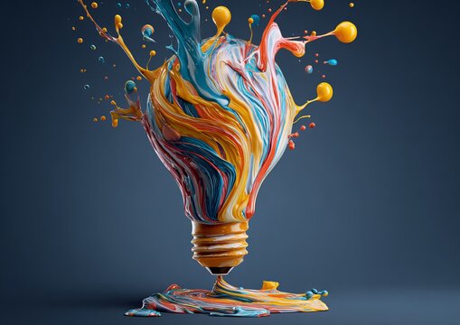 Lightbulb with colorful paint splashes and drips image - Powered by Adobe
