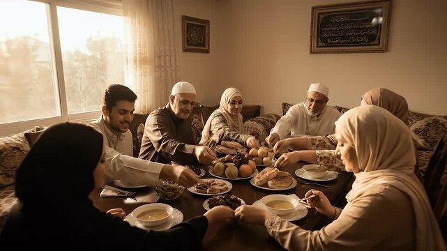Multi-generational Muslim family sharing traditional Iftar meal during Ramadan holy month