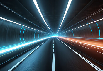 Speeding through a dark tunnel with blue and orange lights road highway motion