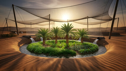 Sustainable desert oasis with lush greenery and palm trees protected by shade nets at sunset