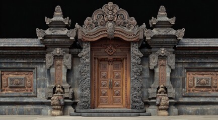 Obraz premium Ornate wooden doorway with carvings and stone accents against dark background