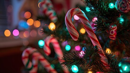 Festive Christmas Tree with Candy Canes and Sparkling Bokeh Lights