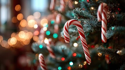 Christmas Candy Canes on Tree with Festive Bokeh Lights