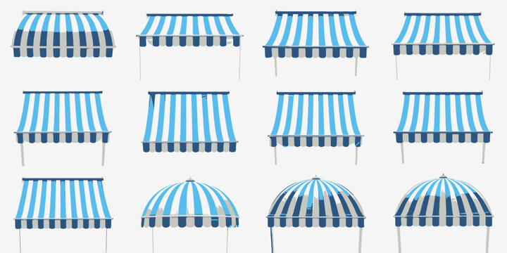 Set of Striped Blue and White Shop Awnings and Canopies in Various Architectural Styles Isolated on Plain Background