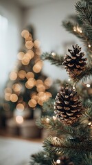Christmas Tree Branch with Pinecones and Warm Bokeh