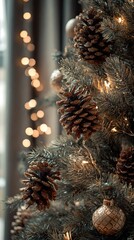 Warm Christmas Tree Detail with Pine Cones and Bokeh Lights