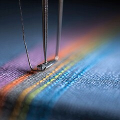 Precision Sewing: Macro of Needle and Rainbow Stitches
