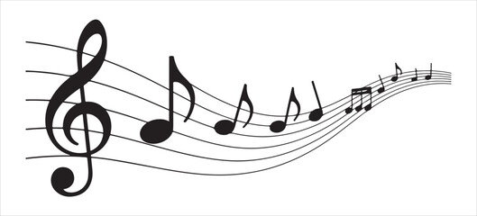 Musical notes with treble clef on curved stave vector illustration, melody composition
