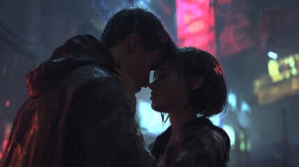 Neon Rain Embrace: Urban Night Romance in Drenched Streets