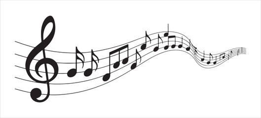 Wavy musical staff with treble clef and notes representing music progression and composition © MOST AKTER