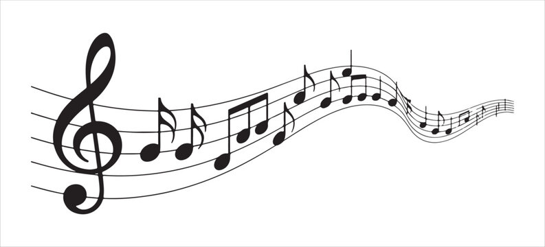 Wavy musical staff with treble clef and notes representing music progression and composition