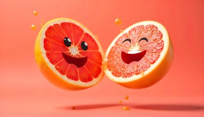 Smiling Cartoon Grapefruit Halves with Juice Droplets on Coral Background