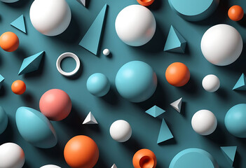Colorful 3 D geometric shapes scattered on teal background abstract
