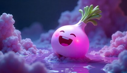 Smiling Cartoon Onion with Green Sprouts in Surreal Cloudscape and Purple Liquid Background