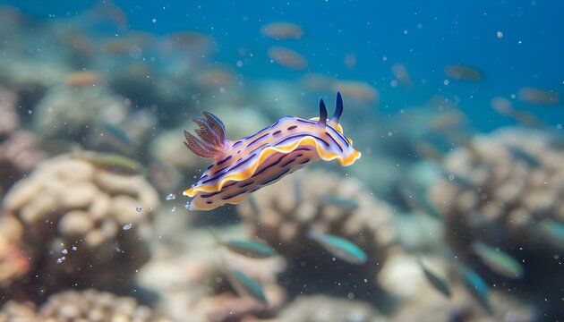 Colorful nudibranch sea slug (Chromodoris) floating elegantly in clear blue tropical ocean water above a coral reef.