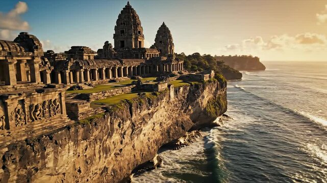 Breathtaking aerial drone footage captures a massive ancient temple complex dramatically positioned on a cliff edge overlooking the vast blue ocean massive structure, landscape view, isolation