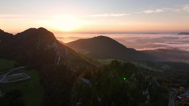 Aerial view of Vrsatec hill in Slovakia - Sunset