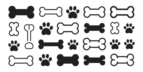 Large set of outlined and filled paw prints and dog bones icons in various styles