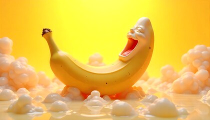 Laughing Cartoon Banana with Human Face in Whimsical Cloudscape on Bright Yellow Background