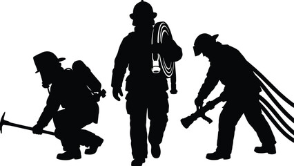 Firefighter silhouettes carrying hose and tools, emergency rescue team in action isolated on white background, bravery, safety, protection concept illustration