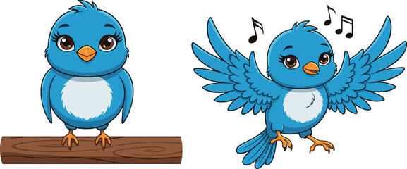 Cute Cartoon Blue Bird Character Set Sitting on a Branch and Flying with Musical Notes, Singing Songbird Vector Illustration for Kids.