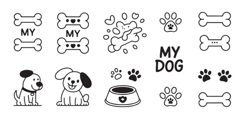 Hand drawn friendly cartoon dog characters and outline puppy essentials including bones paw prints and food bowls
