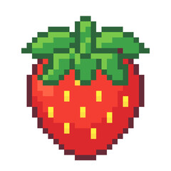 Pixel Art Strawberry with Green Leaves and Yellow Seeds on Red Body