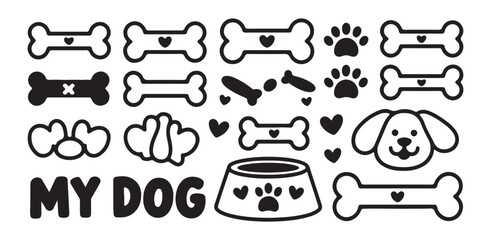 Set of black and white stylized dog icons with bones paws hearts food bowl and text