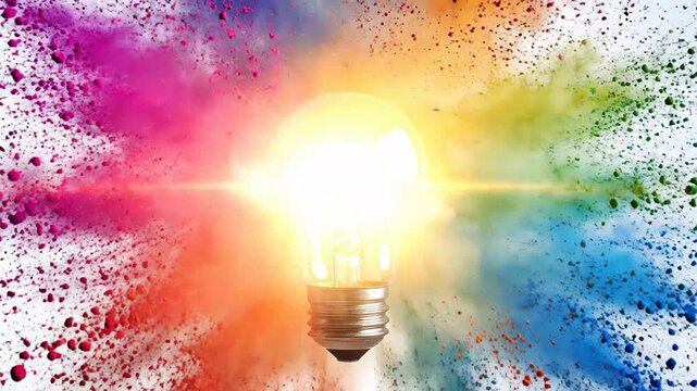 A glowing light bulb surrounded by exploding colorful powder, creating a vibrant spectrum.