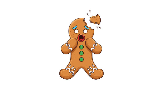 Panicked cartoon gingerbread man with a bite taken from its head and crumbs flying off against a plain white background.