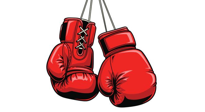 Classic pair of red leather boxing gloves hanging together by their white laces against a plain white background.