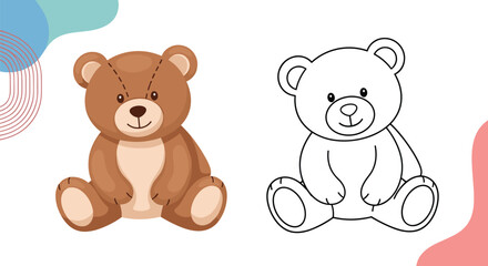 Obraz premium Cute brown teddy bear toy sitting down shown in a fully colored version and a black and white line art version for coloring book.