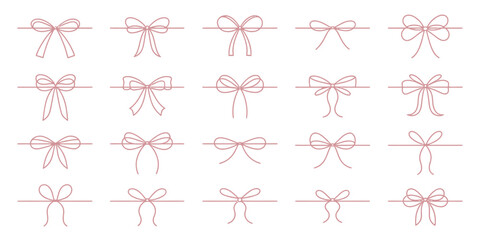 Set of Minimalist Red Ribbon Bows and Decorative Line Borders. Delicate Hand Drawn Knots for Wedding Invitations and Holiday Present Wrapping.