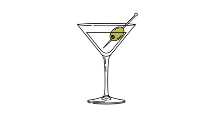 Elegant line drawing of a classic martini cocktail glass with a single green olive on a toothpick garnish on a white background.