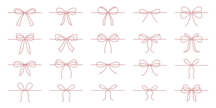 Set of Minimalist Red Ribbon Bows and Decorative Line Borders. Delicate Hand Drawn Knots for Wedding Invitations and Holiday Present Wrapping.